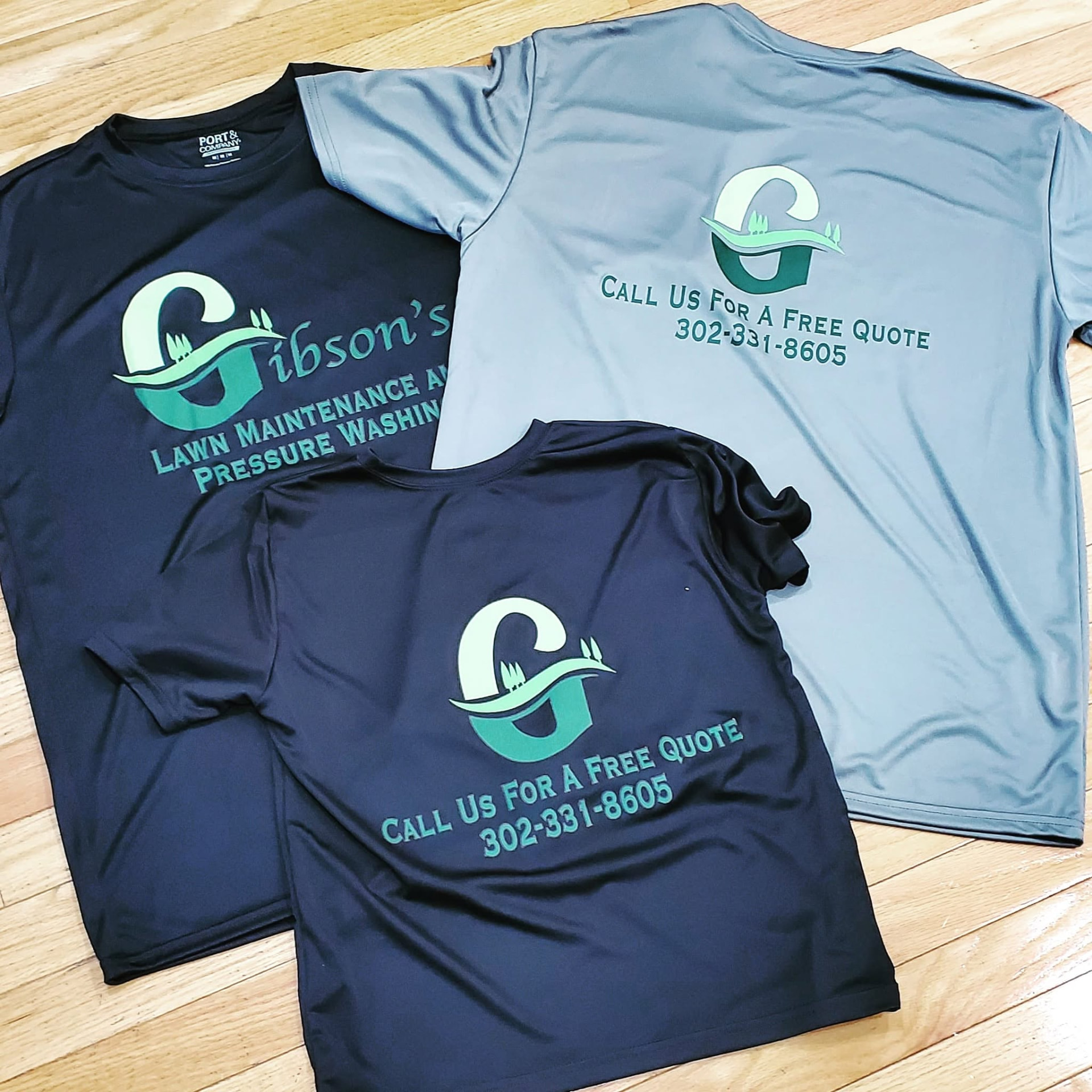 Screen printed Gibson's Lawn Maintenance performance shirts